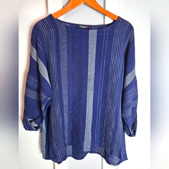 Made in ltaly Blue Striped Cotton Blouse Button Sleeve Size S - Picture 1 of 8